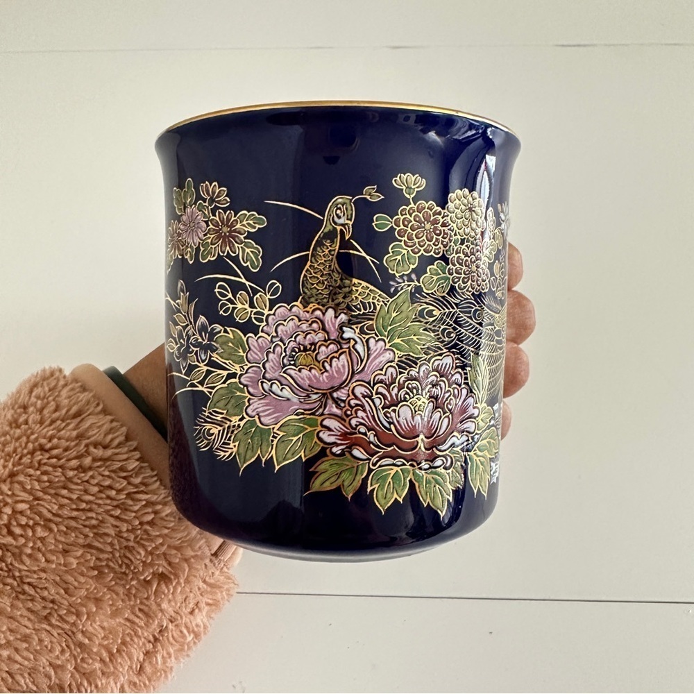 Vintage MCI Japan Cobalt Blue Peacock Floral Gold Print Coffee Mug 1 Pc - Picture 2 of 9
